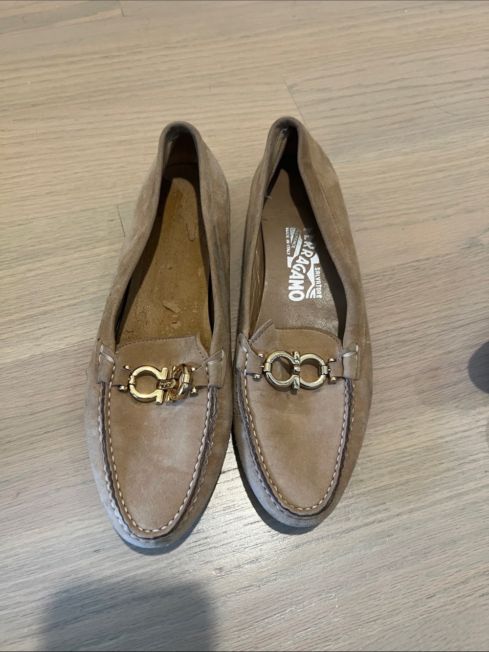 Salvatore Ferragamo Tan Suede Loafers with Gold Horsebit